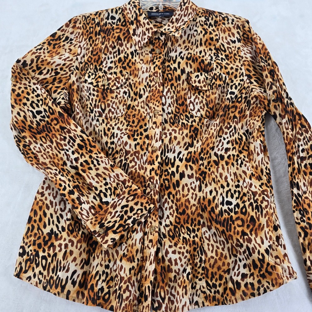 Jones New York Shirt Womens L Button Down Brown Leopard Print Long Sleeve Cotton